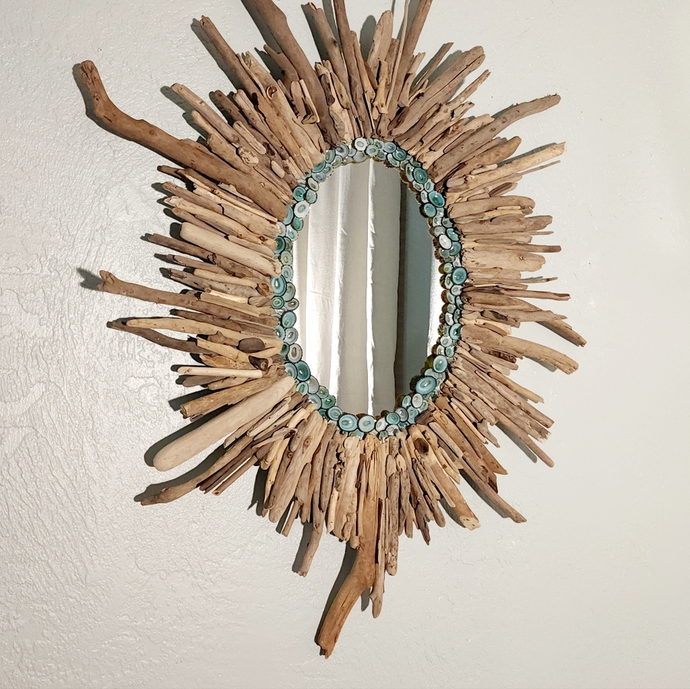 HANDMADE 33" x 31" OVAL DRIFTWOOD MIRROR WITH GREEN LIMPET SHELL ACCENTS ONE OF